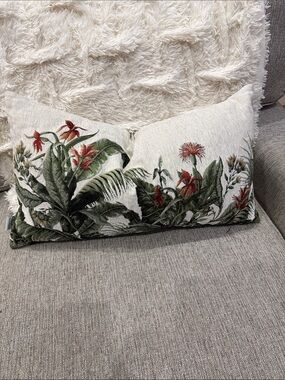 Botanical Floral Lumbar Pillow - Cream with Green & Red Accents soft tapestry.